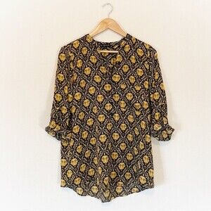 Zara Top Blouse Black Gold Monogram Print Roll Tab Long Sleeves V Neck Medium